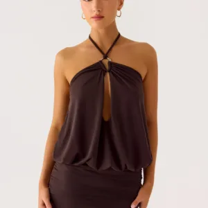 Jisoo Halter Mini Dress in Chocolate Chip