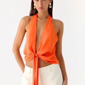 Halterneck top with ties at the back, orange