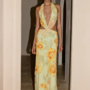 Really Something Beaded Maxi Dress - Green Floral Beaded Dress.