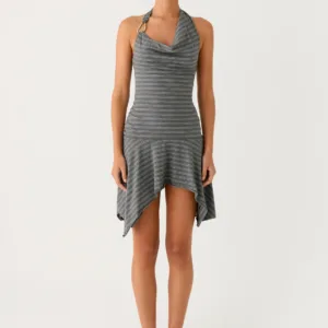 Bad Alive Halter Neck Mini Dress with Scarf - Grey Heather Stripe