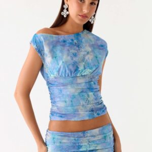 Liana Asymmetrical Top - Turquoise with Paisley Pattern