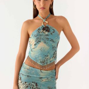 Lloyd Beaded Halter Top - Aqua Blur