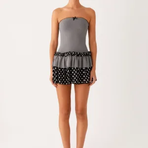 Yerin Strapless Ruffle Mini Dress - Gray Polka Dot