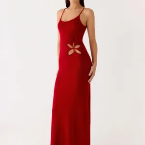 Palm Breeze Flower Long Crochet Dress - Dark Red.