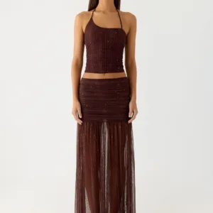 Sparkly Night Maxi Skirt - Chocolate Color