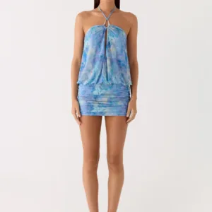 Jisoo Halter Mini Dress in Turquoise Paisley