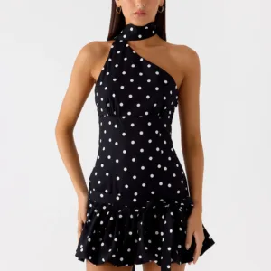 Belina mini dress with scarf - black polka dots