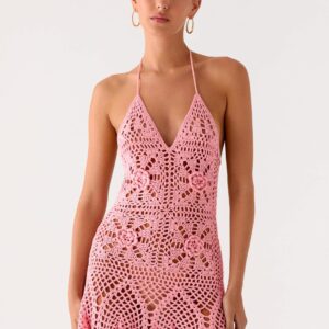 Crochet Beach Mini Dress - Pink