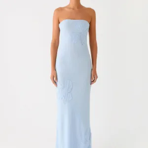 Sassafras Strapless Maxi Dress with Beading and Flowers - Blue