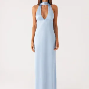 Alicia Satin Halter Maxi Dress - Baby Blue