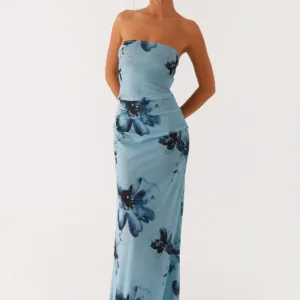 Field Of Dreams Maxi Dress - Blue and Black with Floral Print