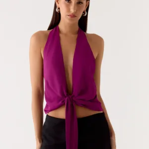 Halterneck top with ties at the back, burgundy