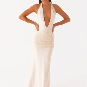 Sand-colored maxi dress with a painted pattern