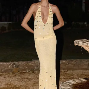 Adelaida Beaded Crochet Maxi Skirt - Yellow