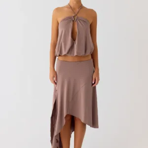 Jisoo Asymmetrical Midi Skirt in Desert Taupe