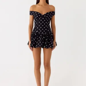 Endless Romance Off-the-Shoulder Mini Dress - Black Polka Dot