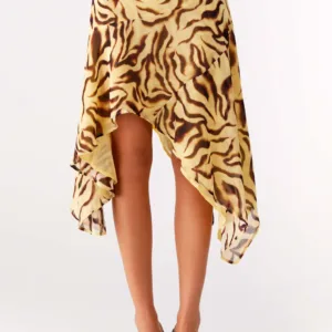 Kia low rise asymmetrical midi skirt with Laguna print.