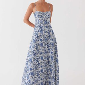 Angelina Long Linen Dress - Blue Paisley.