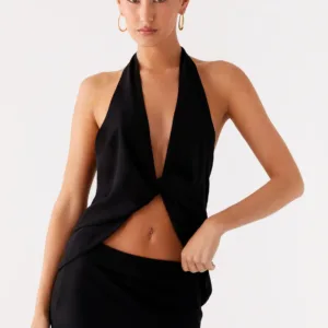 Mikaella Chiffon Twisted Strap Top - Black