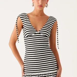 Acacia Mini Dress - Black and White Stripes