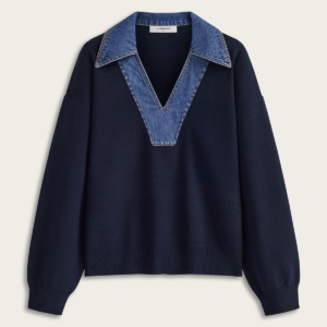 V-neck sweater with denim collar