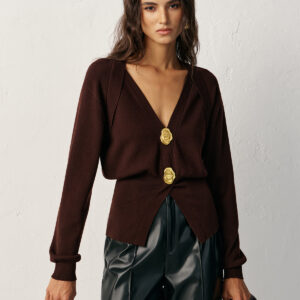 Wool blend sweater with V-neck and metal details