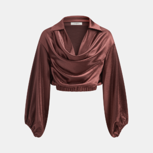 Cropped blouse with a cowl collar made of satin.
