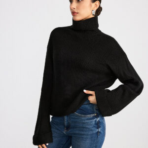 Long-sleeved, high-neck waffle knit sweater