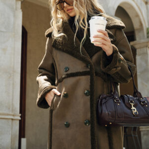 Double-breasted long coat with faux leather fleece lining