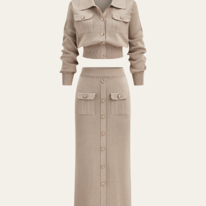 Set of a cardigan with a collar on metal buttons and a midi skirt.