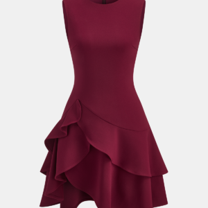 Asymmetrical sleeveless mini dress with ruffles at the hem.