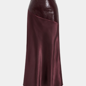 Asymmetrical satin maxi skirt with faux leather inserts