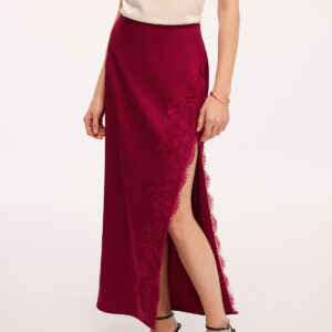 Long satin skirt with side slit and lace trim