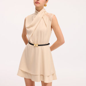 Satin dress with a multi-layered hem and lace insert, without a belt.