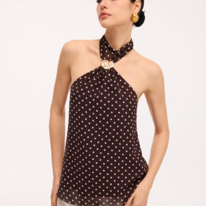 Polka dot backless halter top with metallic details