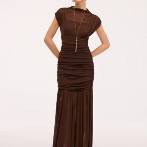 Semi-sheer maxi dress with gathered mesh insert and short sleeves.