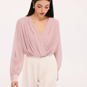 Pleated bodysuit with a deep V-neck and long sleeves
