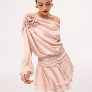 One-shoulder top and mini skirt set with 3D rose effect