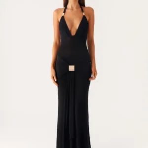 Miyah Halter Hardware Maxi Dress - Black