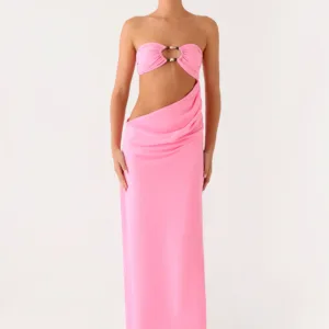 Falling Forever Beaded Strapless Maxi Dress - Pink