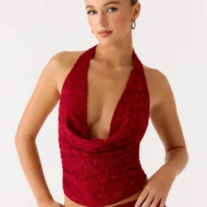 Farruko Jacquard Halter Top - Dark Cherry