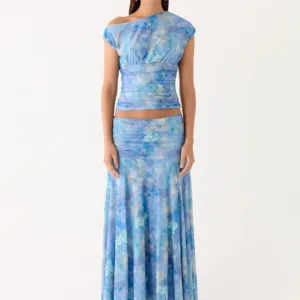 Liana Ruched Maxi Skirt in Aqua Paisley