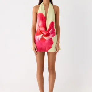 Varindra Turtleneck Mini Dress - Yellow Floral Print