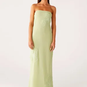 Sassafras Beaded Floral Strapless Maxi Dress - Lime
